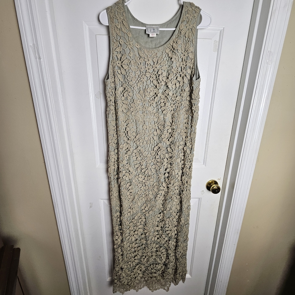 LIM'S Women Delicate Taupe Crochet Maxi Dress Size Large